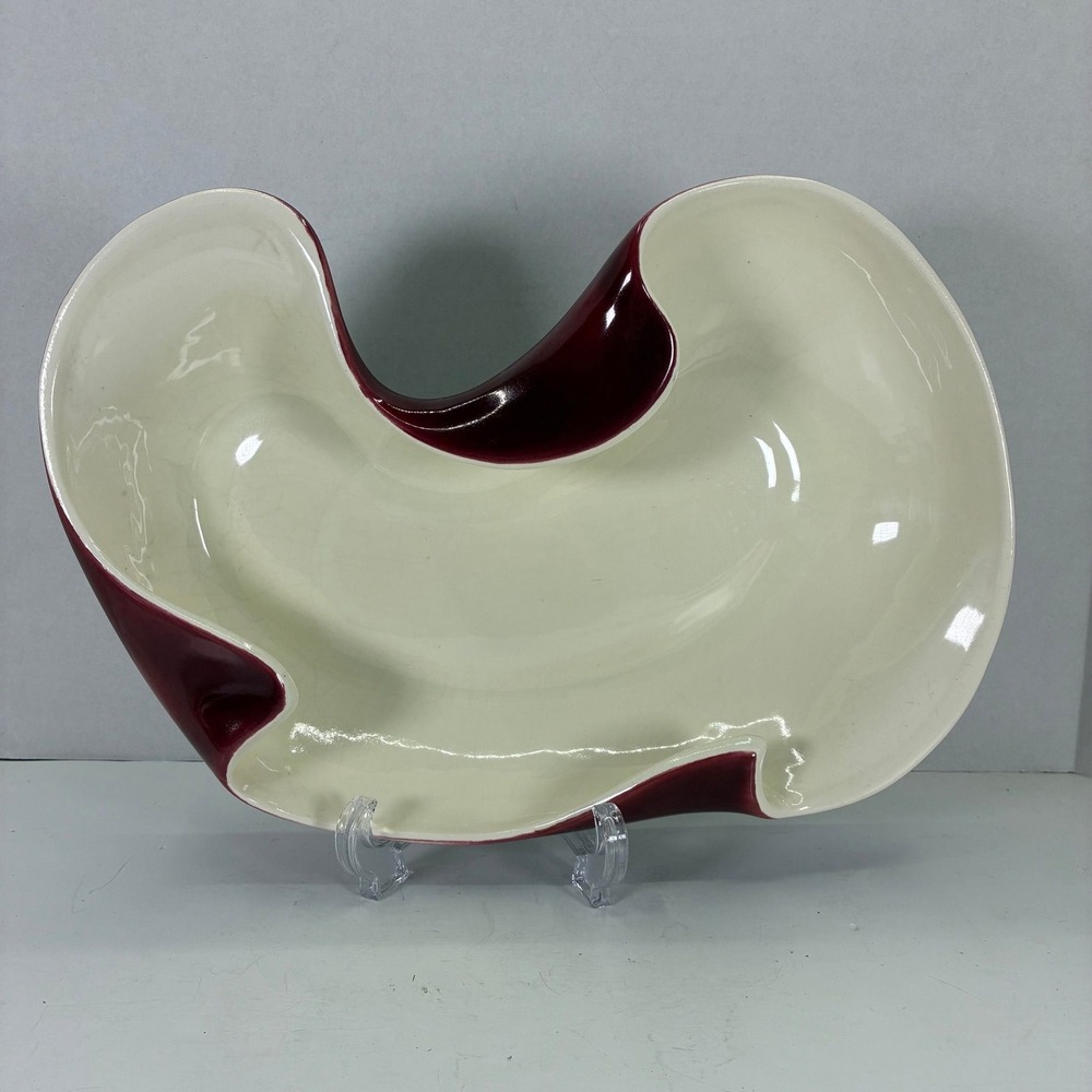 Red Wing Pottery 1304 Freeform Console Bowl Burgundy Cream Mid Century Modern